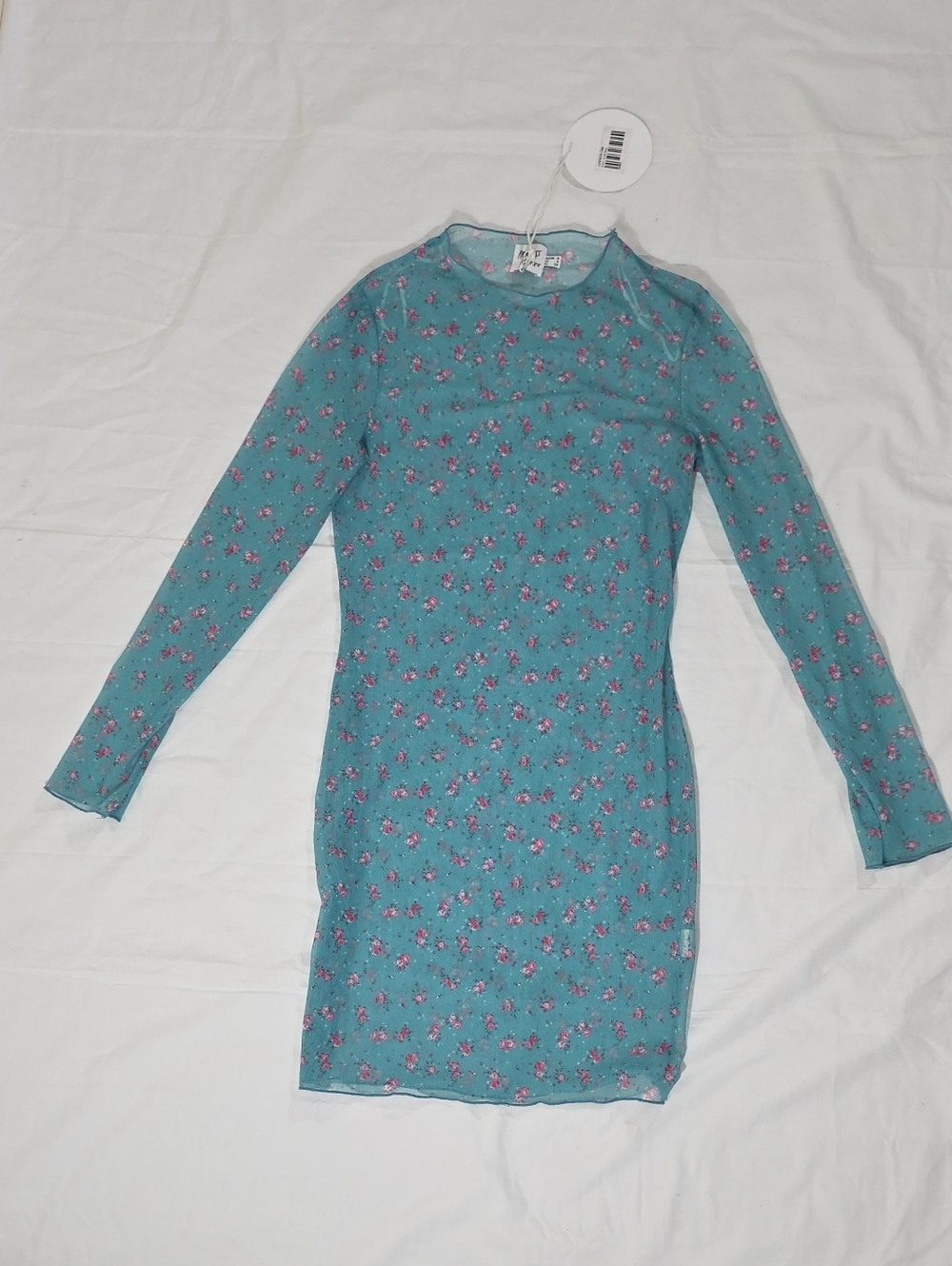 Princess Polly Teal Mesh Floral Top with Pink Blossoms